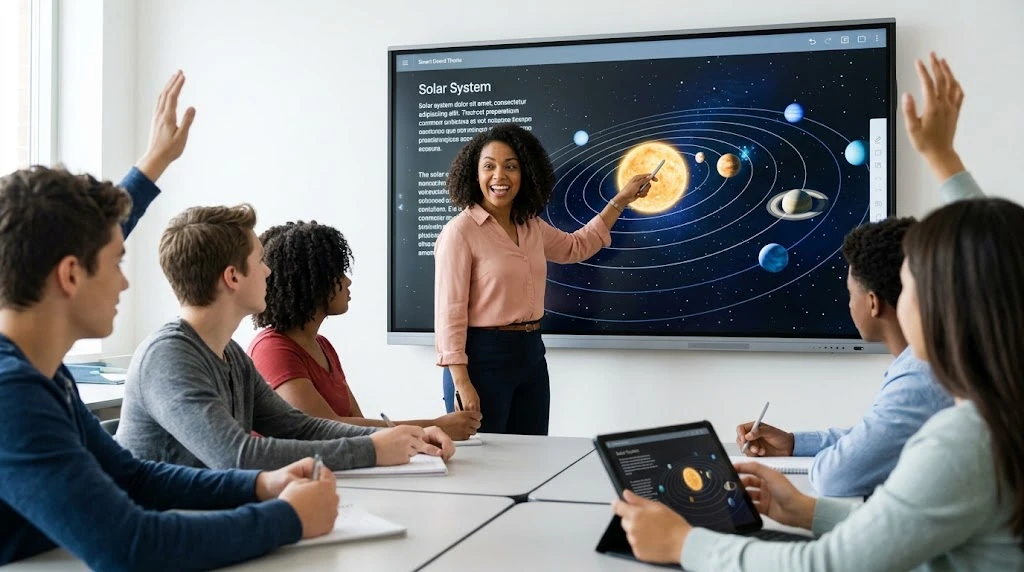 Guru menggunakan smart board untuk menjelaskan materi di depan siswa